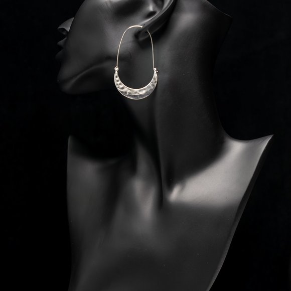 Crescent Moon Hammered Drop Hoop Earrings in Silver - Picture 3 of 3